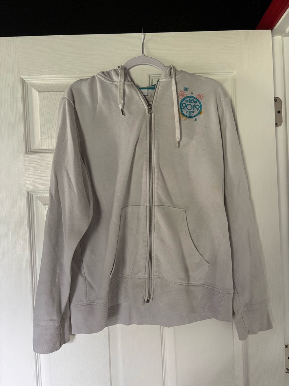 Disney Light Gray Full-Zip Hoodie with 2019 Chest Graphic